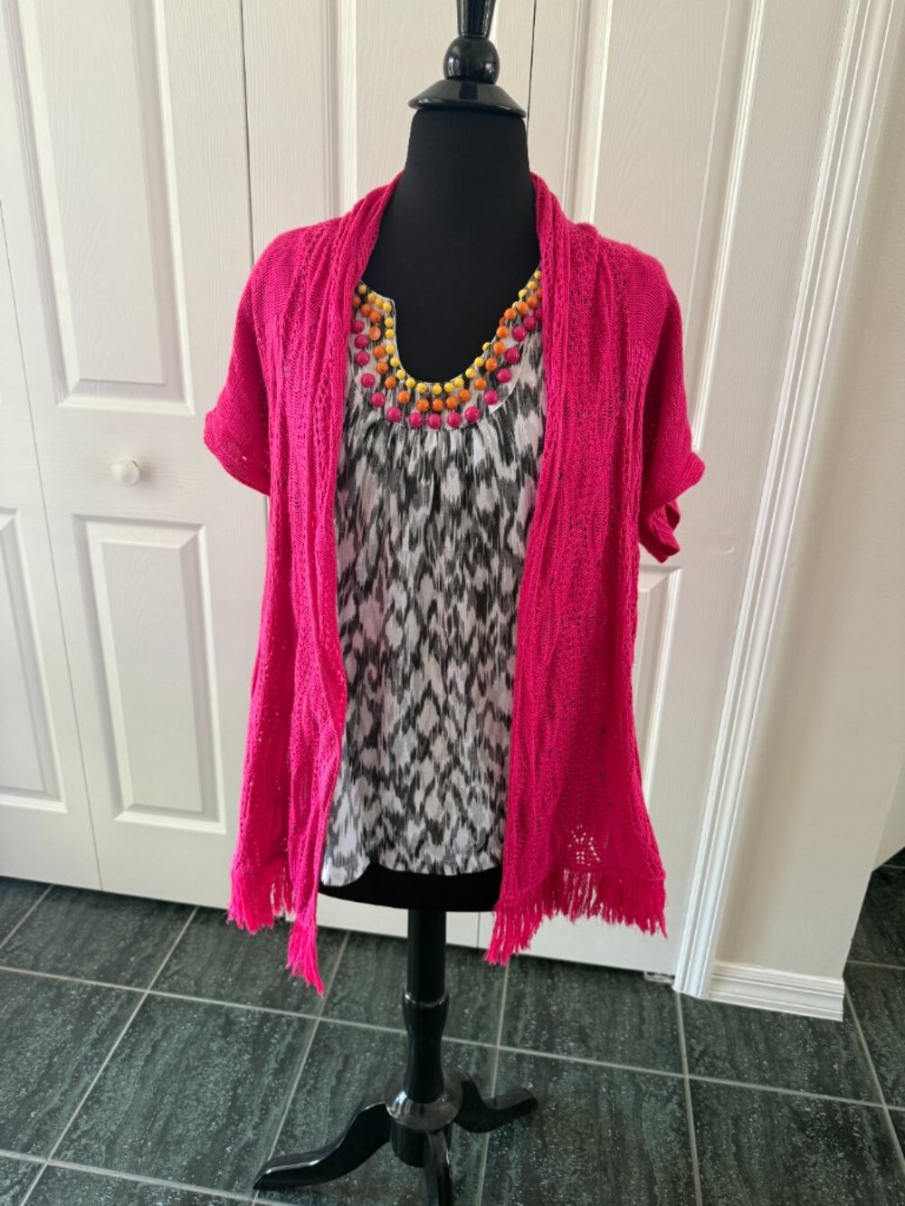 Bohemian Bright Rose-pink crocheted Ruby Rd. open front short-sleeve cardigan